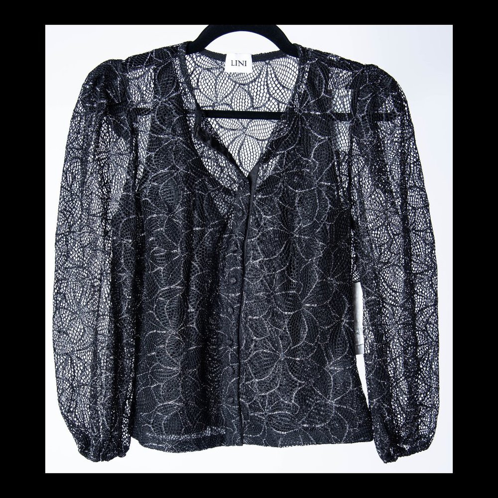LINI Womens Madison Black Lace Button Up 3/4 Sleeve Top Size S NWT